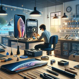 DALL·E 2024 03 04 15.19.33 Design an image showcasing a phone repair service with a special focus on iPhone repair. The scene is set in a professional repair shop where a tech