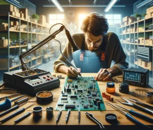 DALL·E 2024 03 30 17.31.50 Create a landscape oriented image showcasing a professional soldering service. The scene should feature a technicians workbench in a modern electroni
