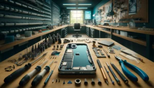 DALL·E 2024 04 10 01.24.24 Create a landscape oriented image showcasing iPhone 11 Pro Max Repair Services. The scene should feature a technicians workbench in a modern repair s