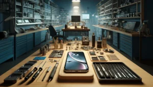 DALL·E 2024 04 10 01.44.26 Create a landscape oriented image showcasing iPhone XS Repair Services. The scene should feature a technicians workbench in a modern repair shop wit