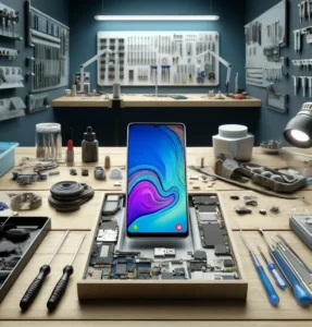 DALL·E 2024 04 11 00.10.27 Create a landscape oriented image showcasing Samsung Galaxy A Series Repair Services. The scene should feature a technicians workbench in a modern re