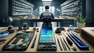 DALL·E 2024 04 11 00.49.40 Create a landscape oriented image showcasing Samsung S10 Repair Services. The scene should feature a technicians workbench in a modern repair shop w