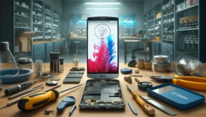 DALL·E 2024 04 13 00.50.15 Create a landscape oriented image showcasing LG G3 Repair Services. The scene should feature a technicians workbench in a modern repair shop with an