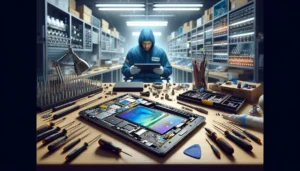 DALL·E 2024 04 14 01.56.58 Create a landscape oriented image showcasing Galaxy Note 10.1″ Repair Services. The scene should feature a technicians workbench in a modern repair s