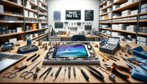 DALL·E 2024 04 14 02.01.06 Create a landscape oriented image showcasing Galaxy Note 10.1″ Repair Services. The scene should feature a technicians workbench in a modern repair s