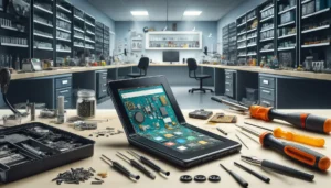 DALL·E 2024 04 14 15.16.00 Create a landscape oriented image showcasing Kindle Fire HD 8.9″ Repair Services. The scene should feature a technicians workbench in a modern repair