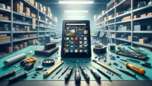DALL·E 2024 04 14 15.19.05 Create a landscape oriented image showcasing Kindle Fire HD 8.9″ Repair Services. The scene should feature a technicians workbench in a modern repair