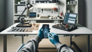DALL·E 2024 05 29 22.16.42 A clean modern workspace where a technician is performing diagnostics on a smartphone. The focus is on the technician using advanced diagnostic tools